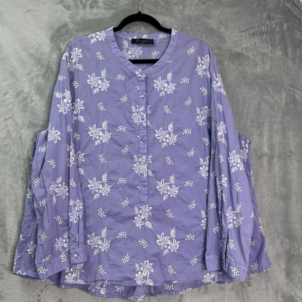 O-necue‎ Popover Blouse Embroidered Womens 5XL Purple Floral Long Sleeve Cotton - Picture 3 of 16